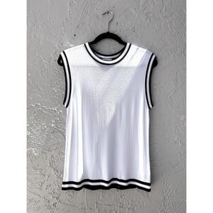Max Mara White Knit Sleeveless Top XL Made in Italy Striped Trim Crew Neck